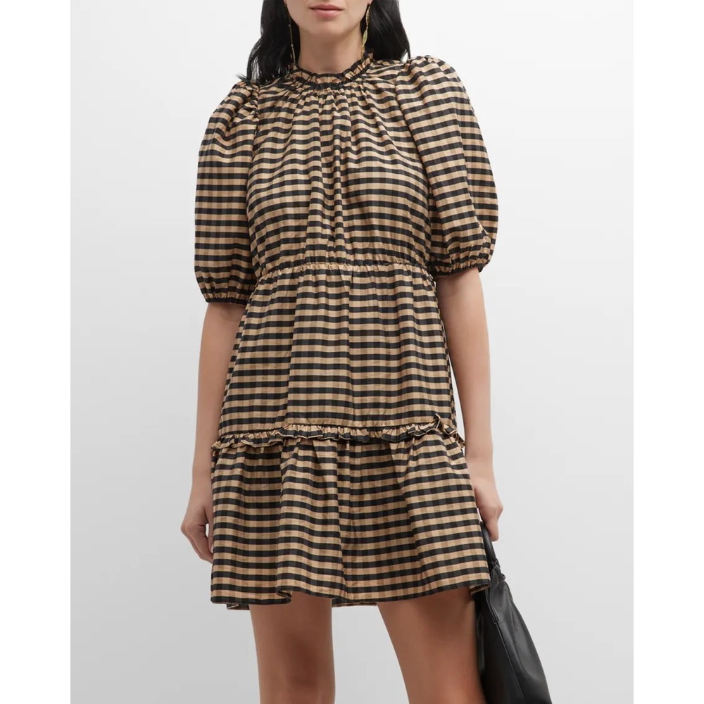 Marie Oliver Puff Sleeve Mini Dress Gingham High Neck Tiered Ruffle Cottage S